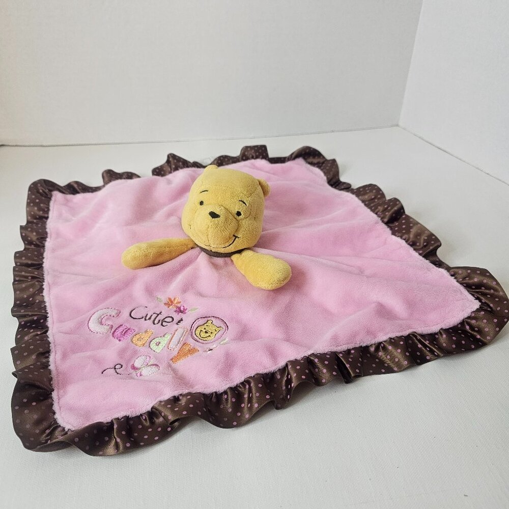 Disney Winnie The Pooh Lovey Rattle Pink Brown Satin Polka Security Blanket Cute